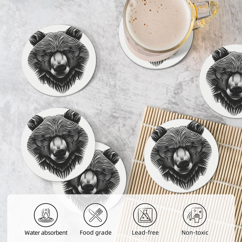 Black and White Bear Head Ceramic Coasters Set of 6 F4612