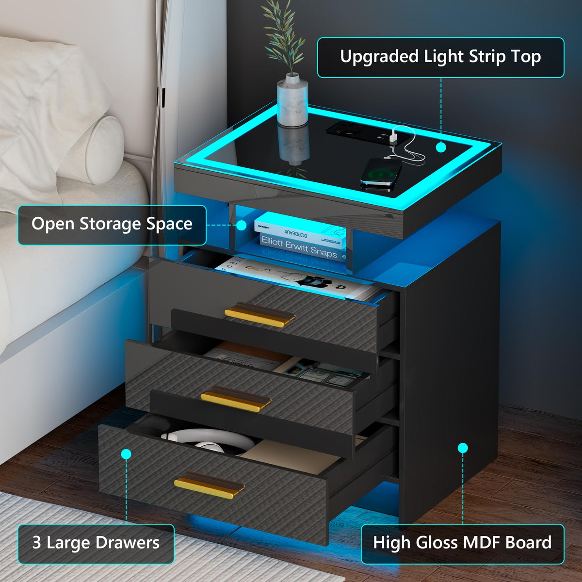 Black 3 Drawer LED Nightstand with Charging Station R143845