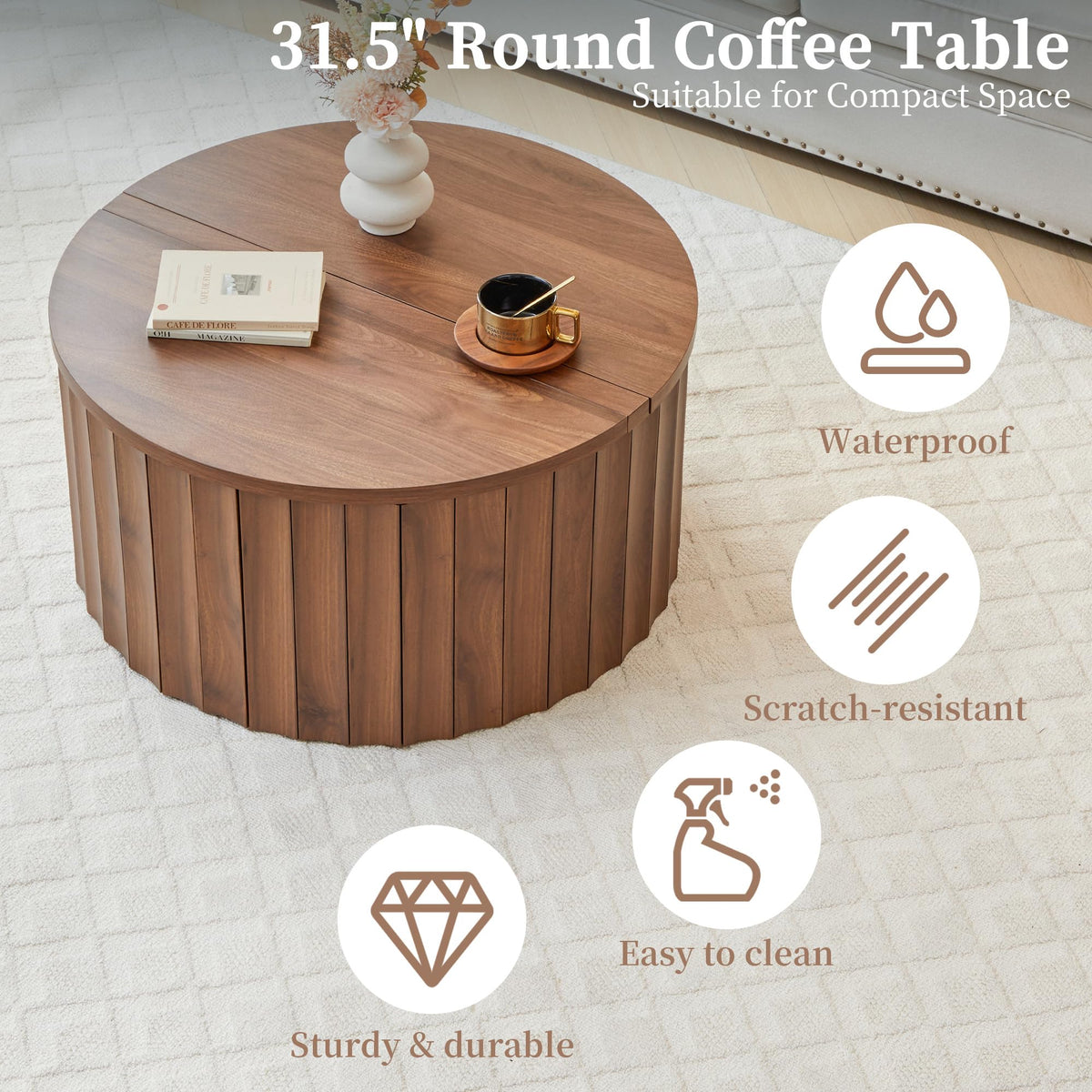 Fluted Round Lift Top Coffee Table with Storage T186