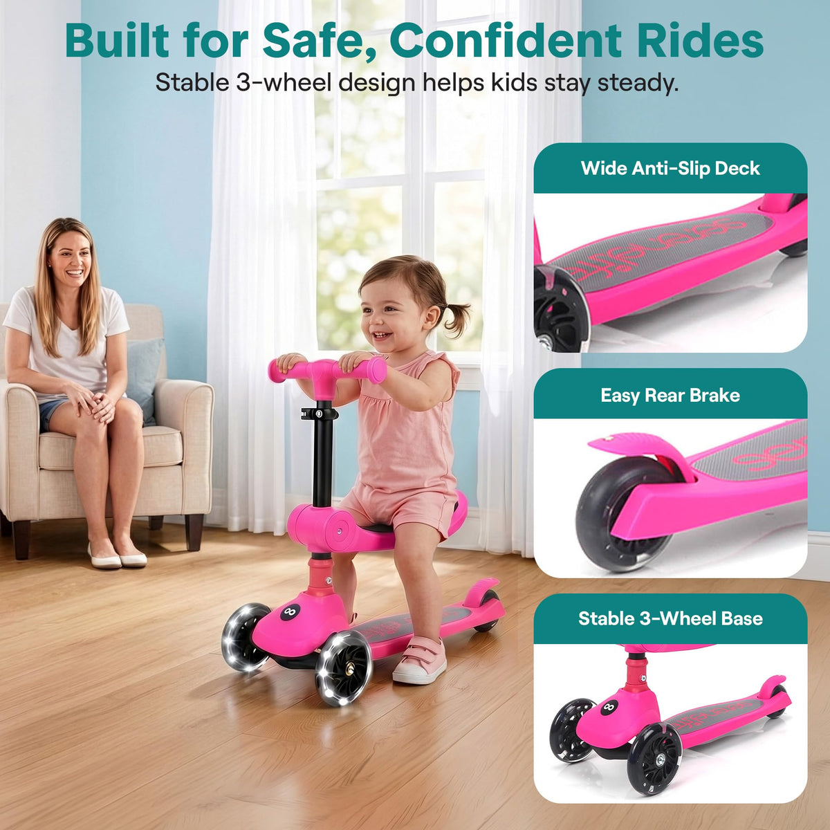 3 Wheel Scooter for Toddlers & Kids, Foldable Seat, LED Wheels, Adjustable Handlebar, Anti-Slip Deck, Rear Foot Brake, Lean-to-Steer, Pink T516
