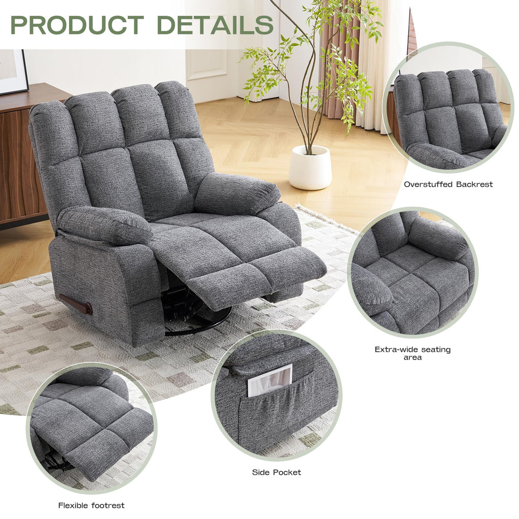 Oversized Chenille Grey Swivel Rocker Recliner S93006