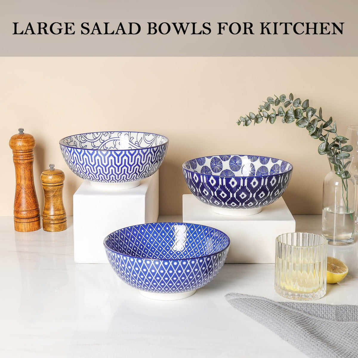 Ceramic 53 OZ Salad Bowls Set, Set of 3, Vintage Blue A424