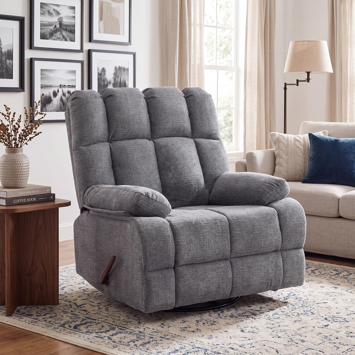 Oversized Chenille Grey Swivel Rocker Recliner S93006