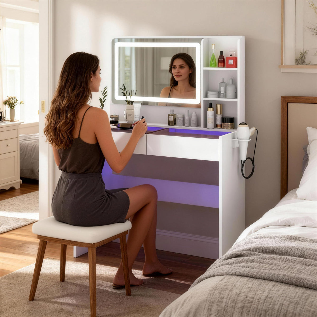 White Makeup Vanity Desk with LED Mirror K89344