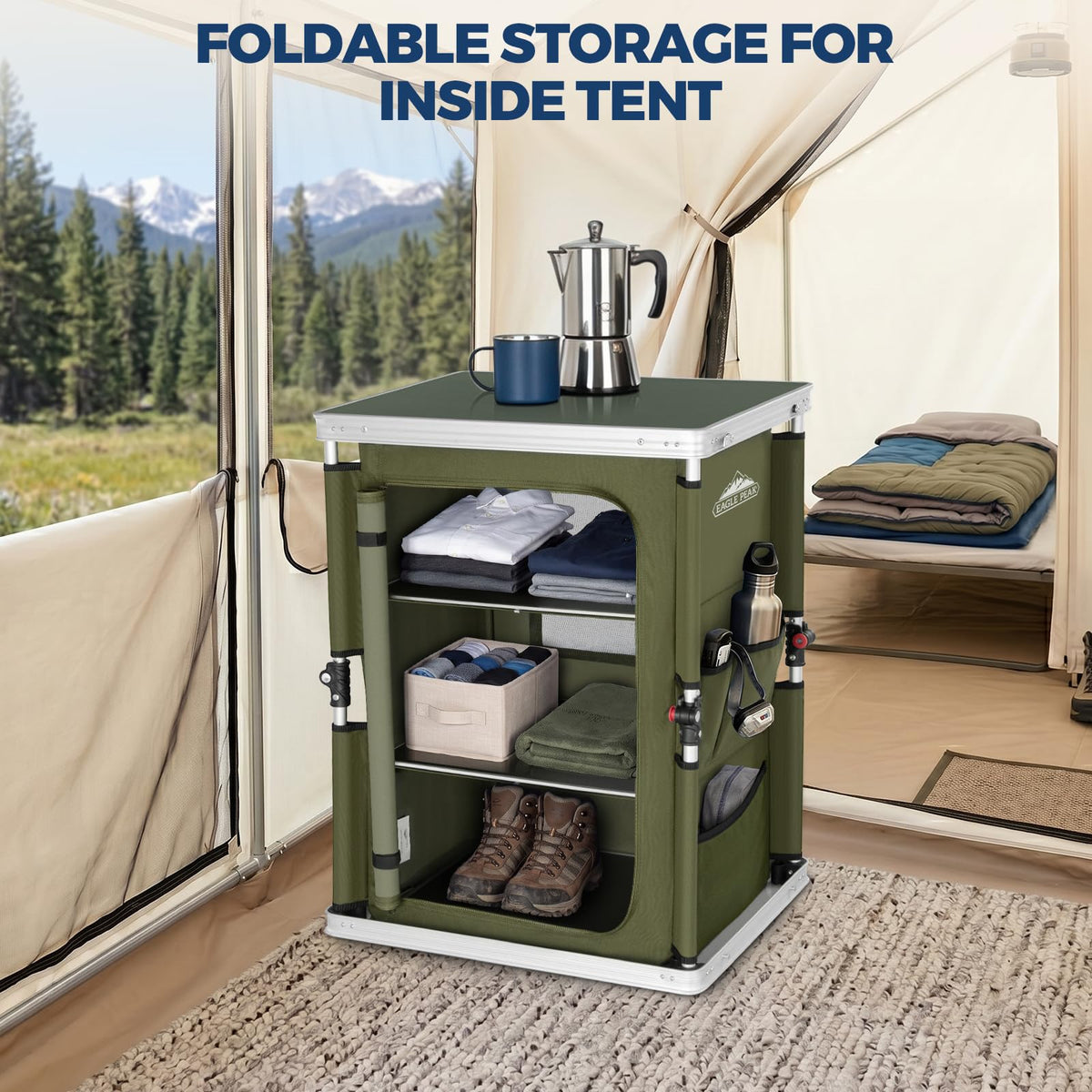 Green Portable Aluminum Folding Camping Table with Storage Organizer V645