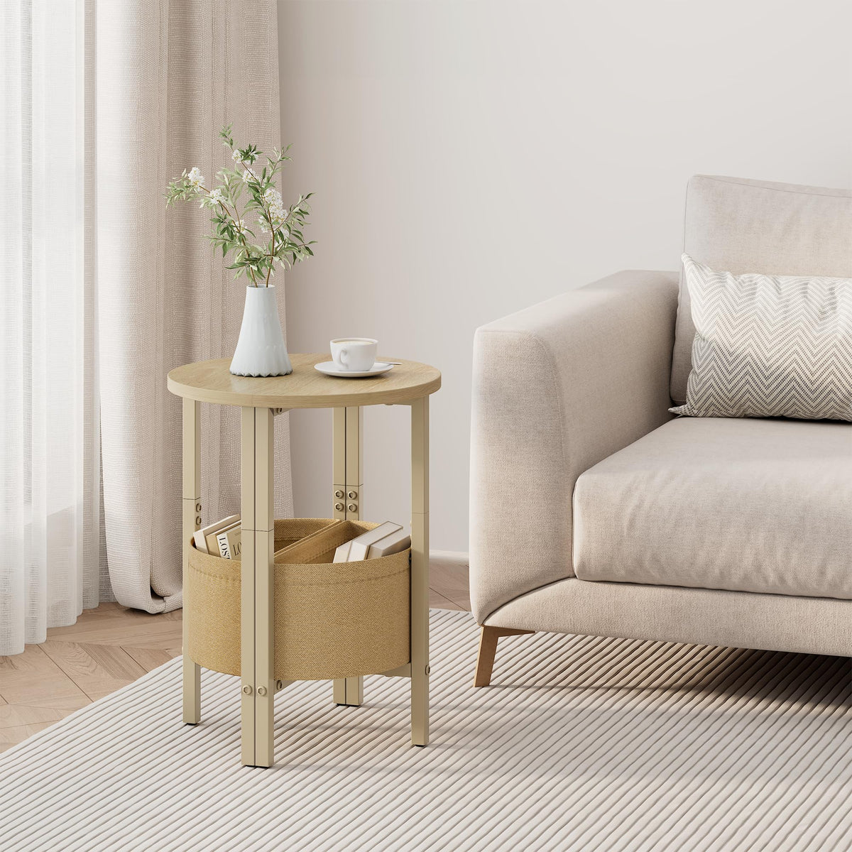 Small Round Side Table with Storage Basket, Set of 2 O675