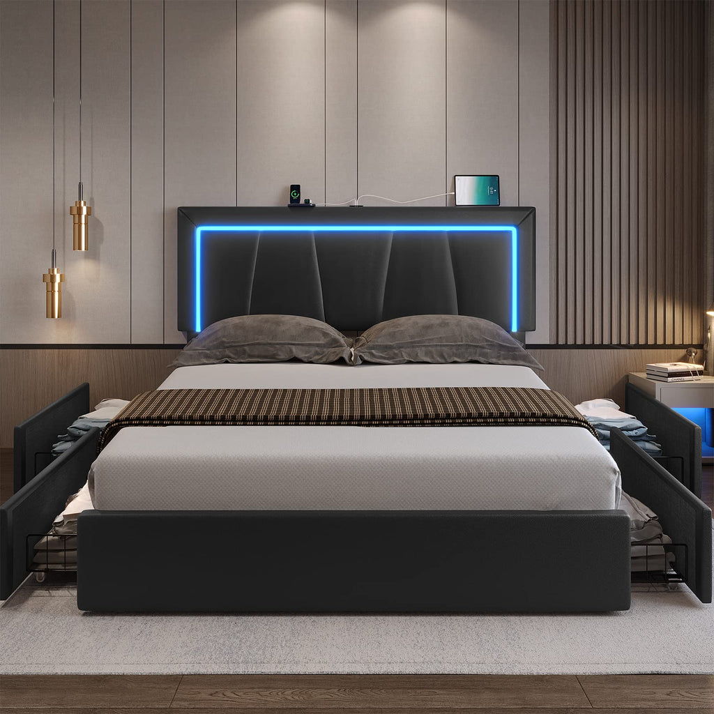 Full Size Upholstered Platform Bed Frame with Headboard and 4 Storage Drawers A5817