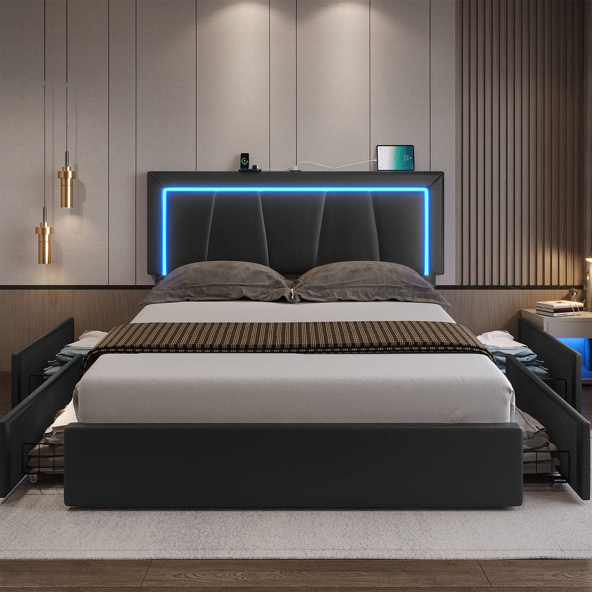 Full Size Upholstered Platform Bed Frame with Headboard and 4 Storage Drawers A5817