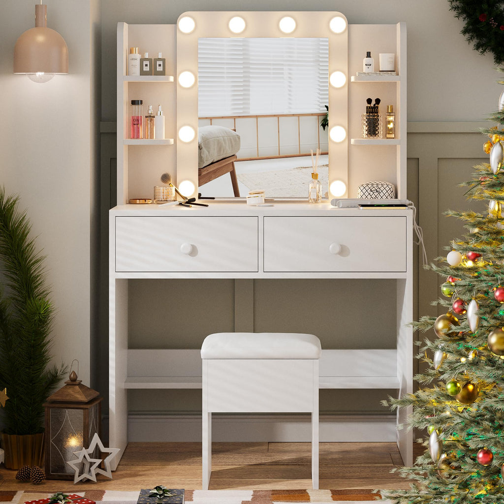 White Makeup Vanity Desk with Lighted Mirror and Chair Set C261600