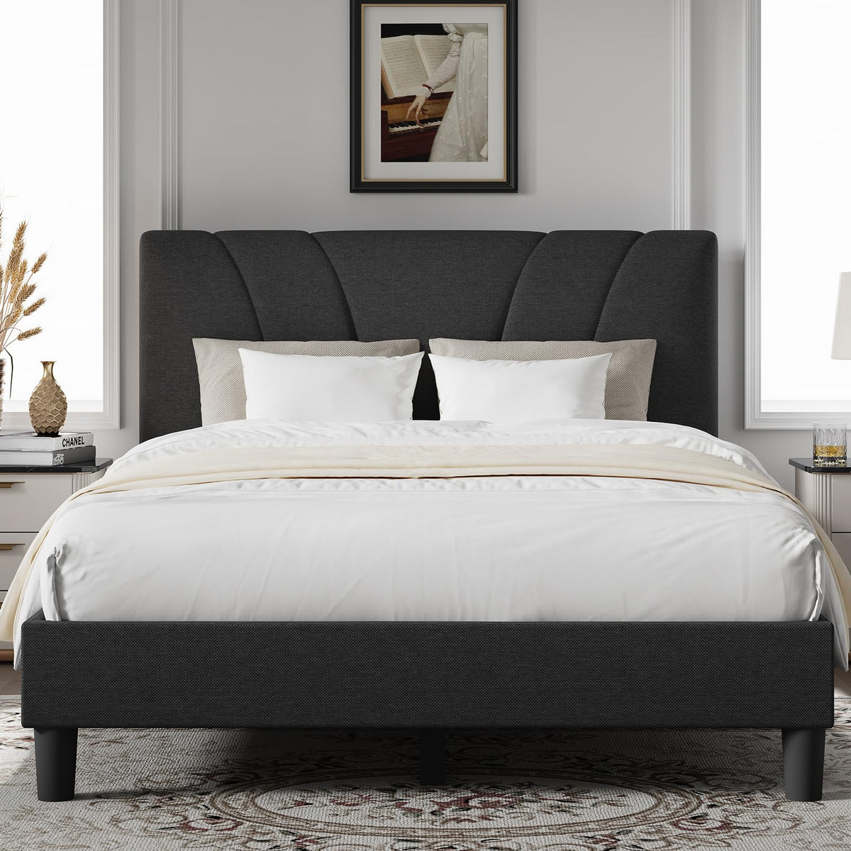Queen Size Linen Upholstered Bed Frame with Headboard Z283264