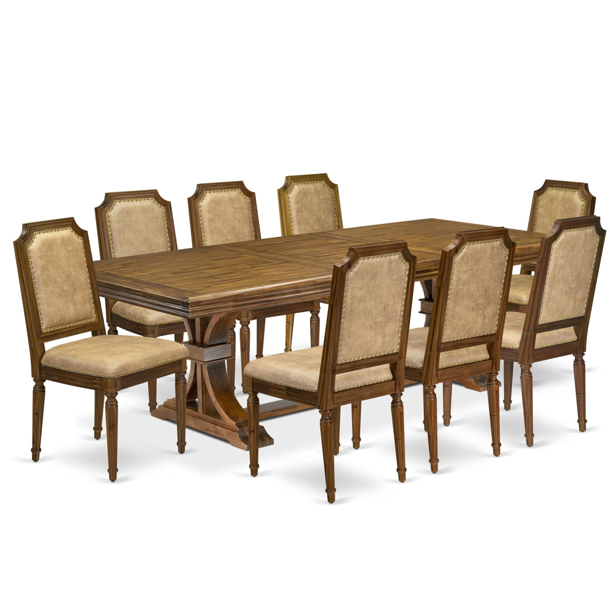 9 Piece Kitchen Table Set with 8 Beige Polyester Fabric Chairs D10092