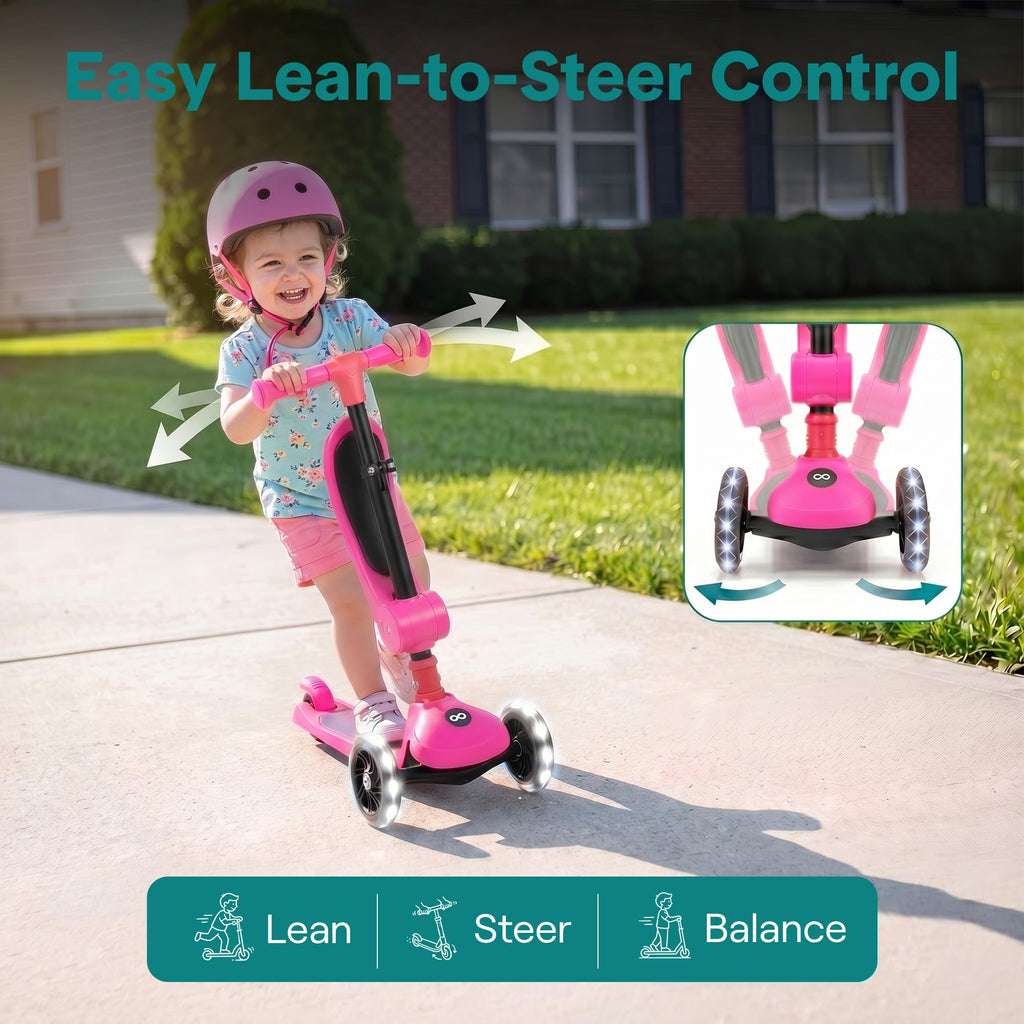 3 Wheel Scooter for Toddlers & Kids, Foldable Seat, LED Wheels, Adjustable Handlebar, Anti-Slip Deck, Rear Foot Brake, Lean-to-Steer, Pink T516
