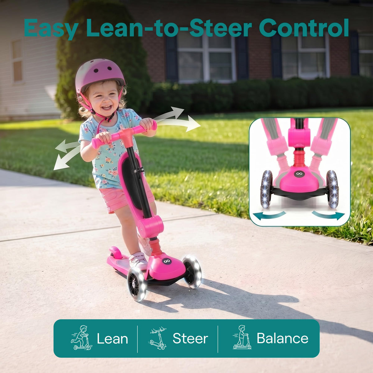 3 Wheel Scooter for Toddlers & Kids, Foldable Seat, LED Wheels, Adjustable Handlebar, Anti-Slip Deck, Rear Foot Brake, Lean-to-Steer, Pink T516