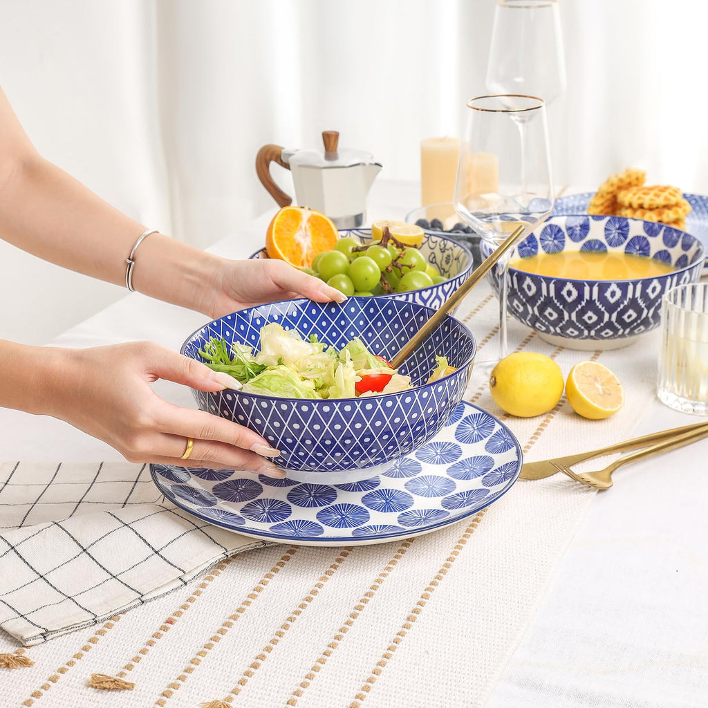 Ceramic 53 OZ Salad Bowls Set, Set of 3, Vintage Blue A424