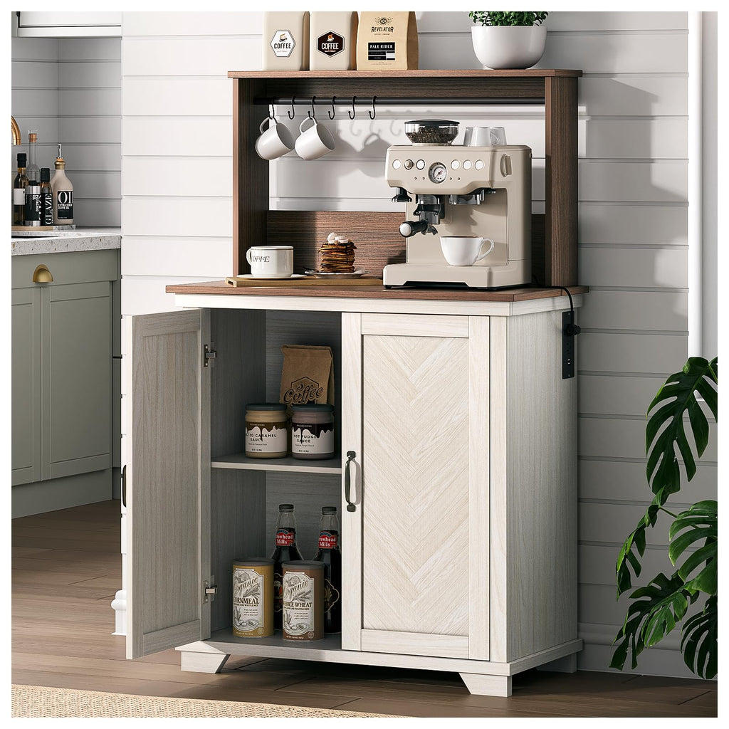White Coffee Bar Cabinet with Storage and Charging B575