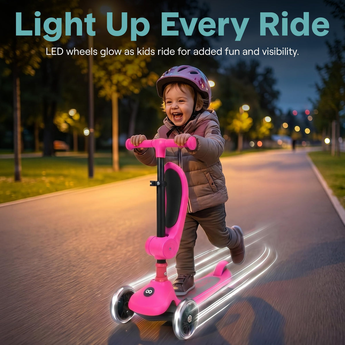 3 Wheel Scooter for Toddlers & Kids, Foldable Seat, LED Wheels, Adjustable Handlebar, Anti-Slip Deck, Rear Foot Brake, Lean-to-Steer, Pink T516