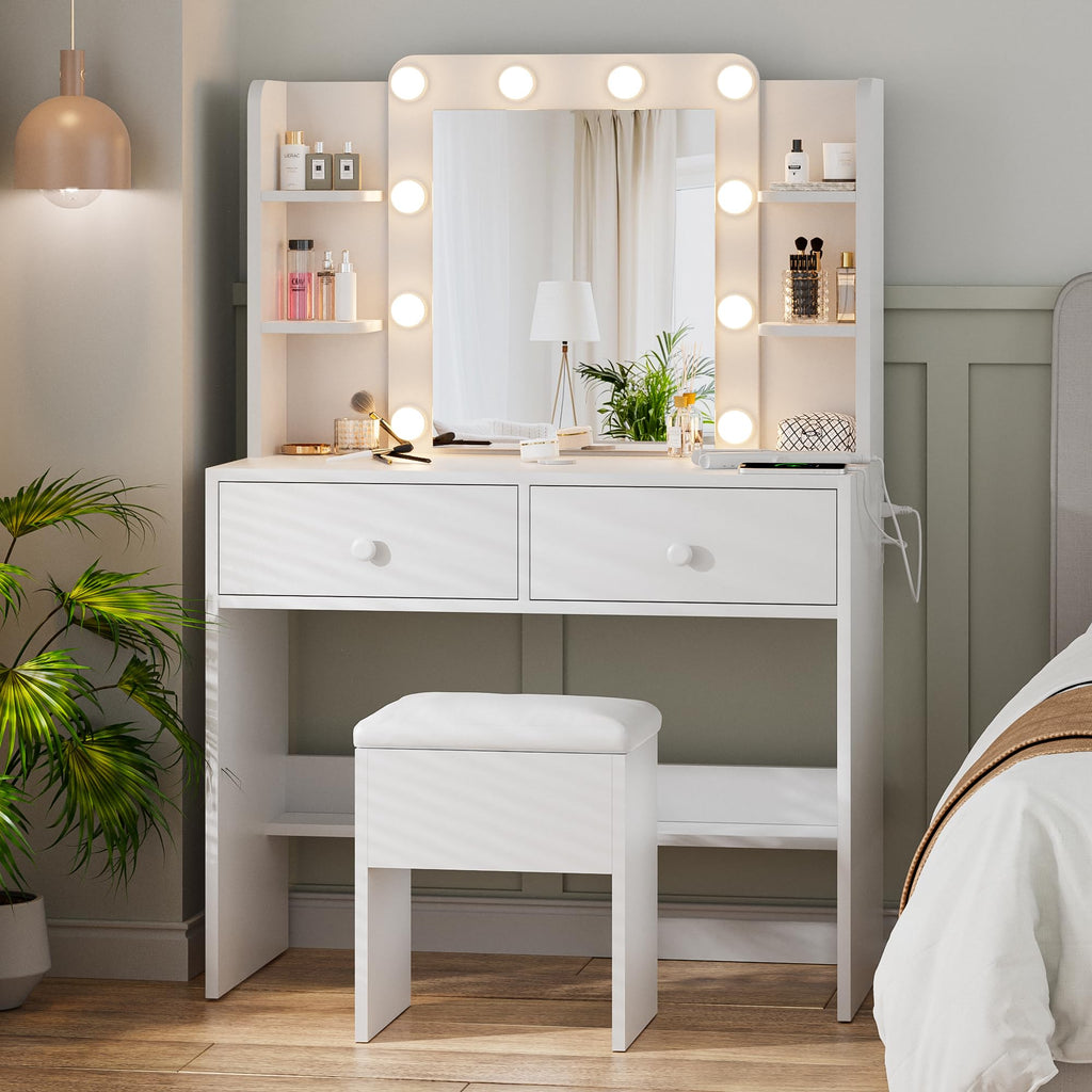 White Makeup Vanity Desk with Lighted Mirror and Chair Set C261600