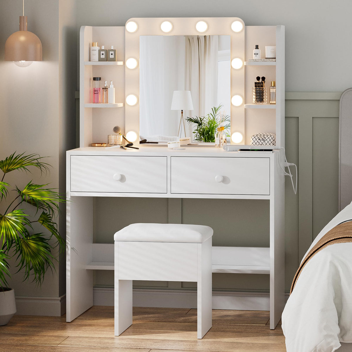 White Makeup Vanity Desk with Lighted Mirror and Chair Set C261600