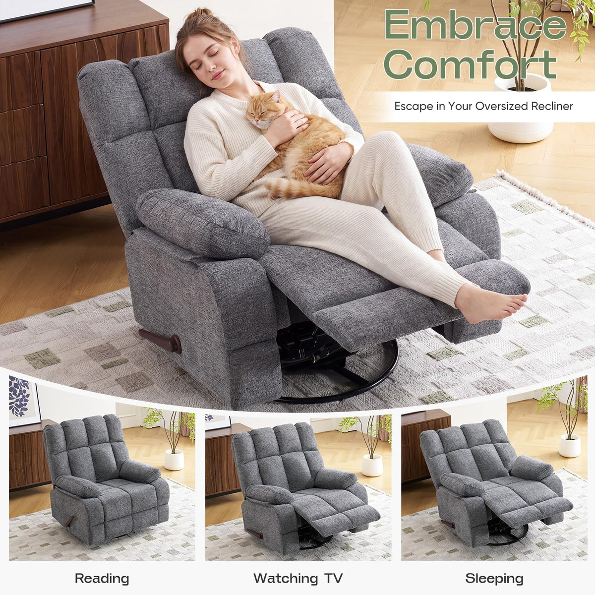Oversized Chenille Grey Swivel Rocker Recliner S93006