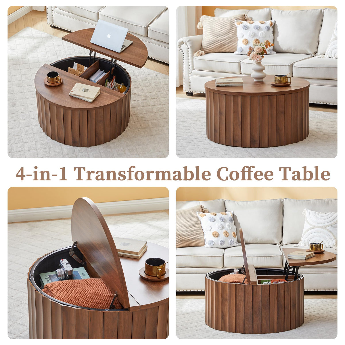 Fluted Round Lift Top Coffee Table with Storage T186