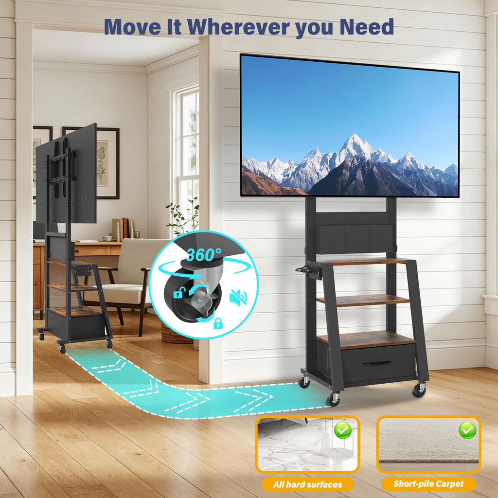 Rolling TV Stand with Power Outlet & 4-Tier Storage for 23-60 Inch Flat/Curved Screen T925