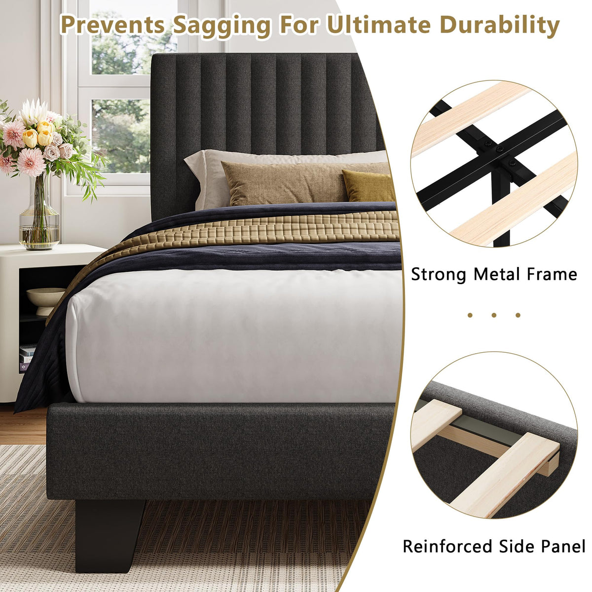 Queen Size Upholstered Platform Bed with Linen Headboard E12858