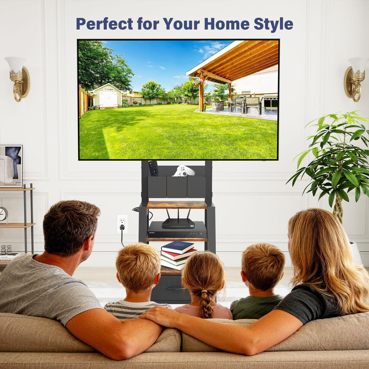 Rolling TV Stand with Power Outlet & 4-Tier Storage for 23-60 Inch Flat/Curved Screen T925