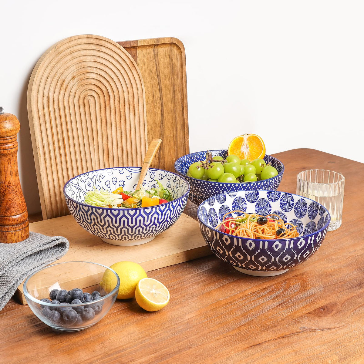 Ceramic 53 OZ Salad Bowls Set, Set of 3, Vintage Blue A424