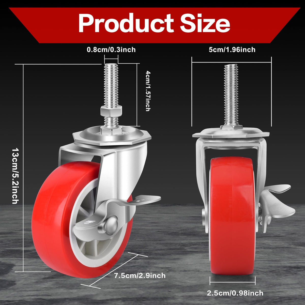 3 Inch Heavy Duty Stem Casters Swivel Wheels with Brake, Set of 4 A8691