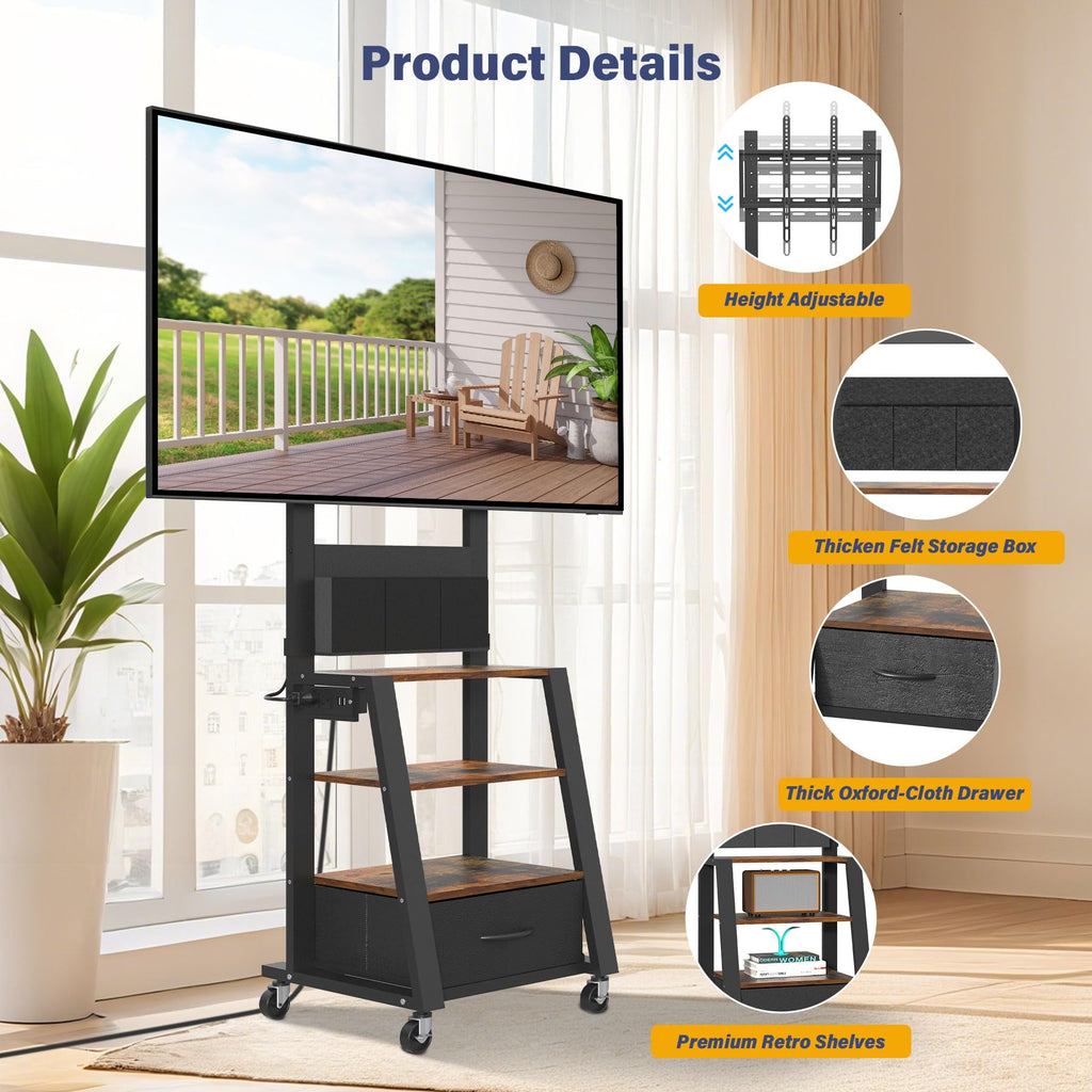 Rolling TV Stand with Power Outlet & 4-Tier Storage for 23-60 Inch Flat/Curved Screen T925