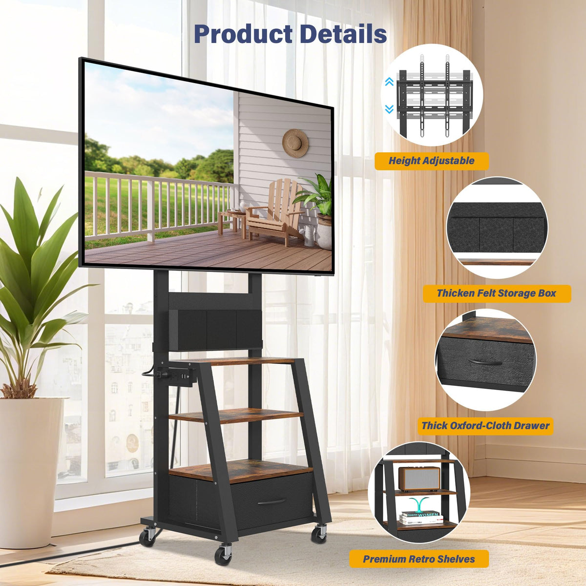 Rolling TV Stand with Power Outlet & 4-Tier Storage for 23-60 Inch Flat/Curved Screen T925