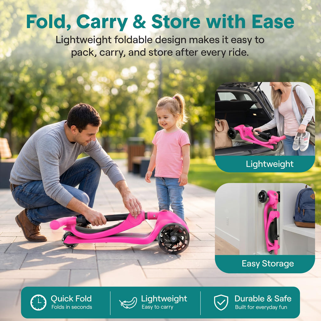 3 Wheel Scooter for Toddlers & Kids, Foldable Seat, LED Wheels, Adjustable Handlebar, Anti-Slip Deck, Rear Foot Brake, Lean-to-Steer, Pink T516