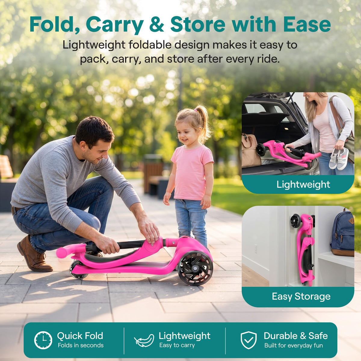 3 Wheel Scooter for Toddlers & Kids, Foldable Seat, LED Wheels, Adjustable Handlebar, Anti-Slip Deck, Rear Foot Brake, Lean-to-Steer, Pink T516