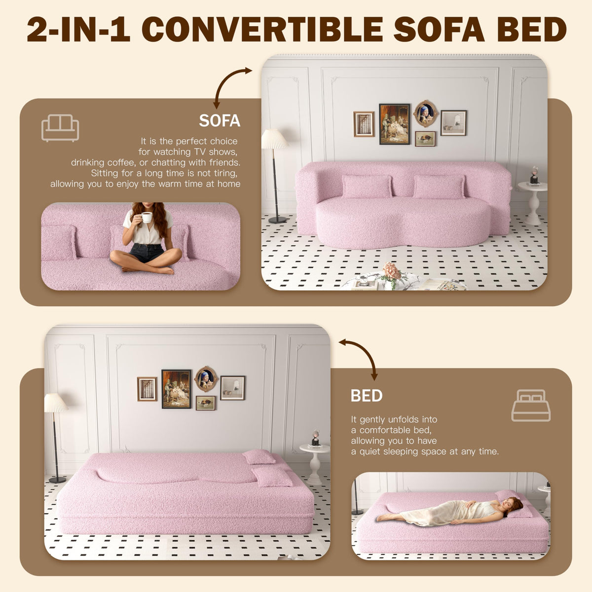 78" Full Size Pink Folding Sofa Bed W384877