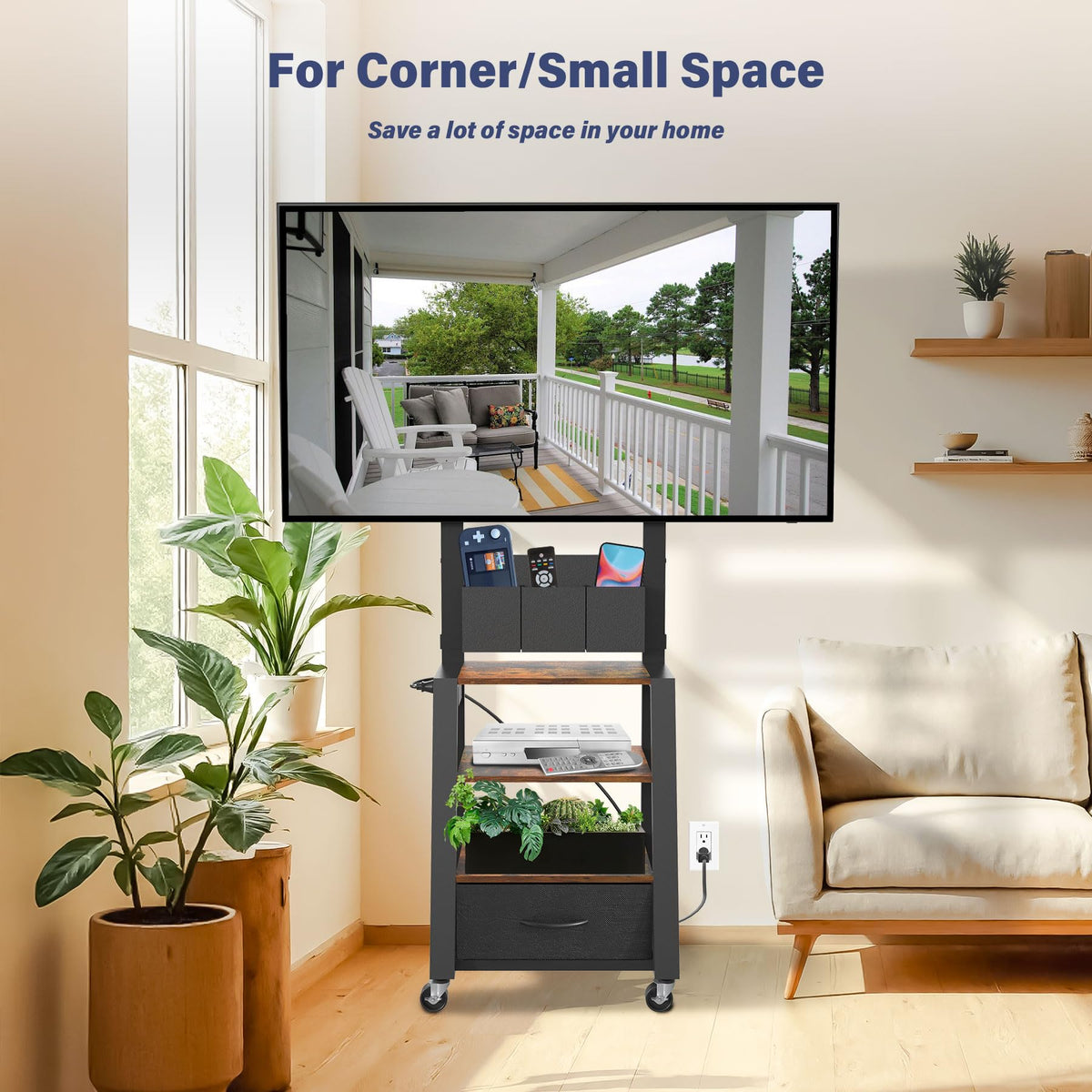 Rolling TV Stand with Power Outlet & 4-Tier Storage for 23-60 Inch Flat/Curved Screen T925