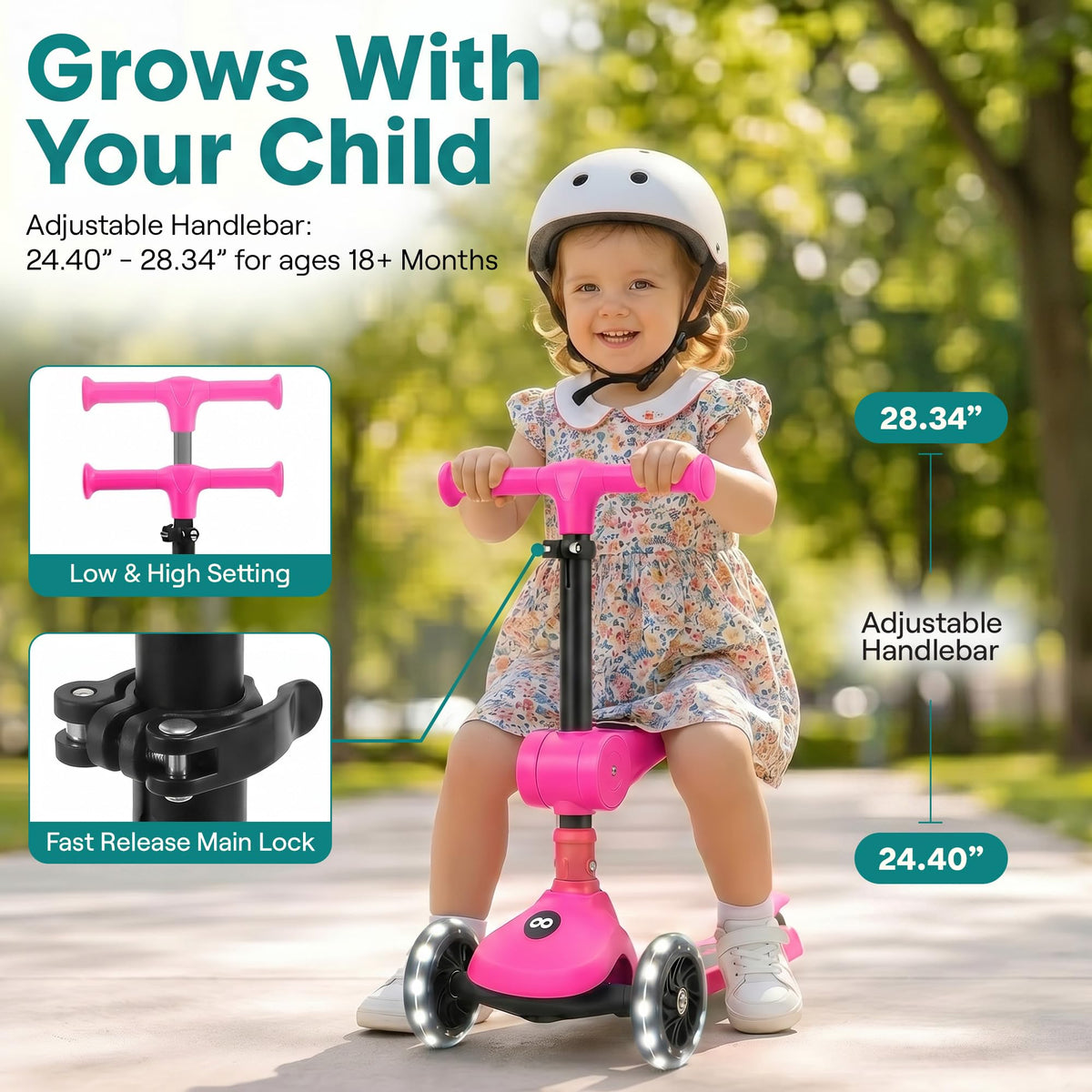 3 Wheel Scooter for Toddlers & Kids, Foldable Seat, LED Wheels, Adjustable Handlebar, Anti-Slip Deck, Rear Foot Brake, Lean-to-Steer, Pink T516
