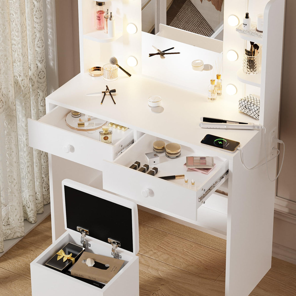 White Makeup Vanity Desk with Lighted Mirror and Chair Set C261600