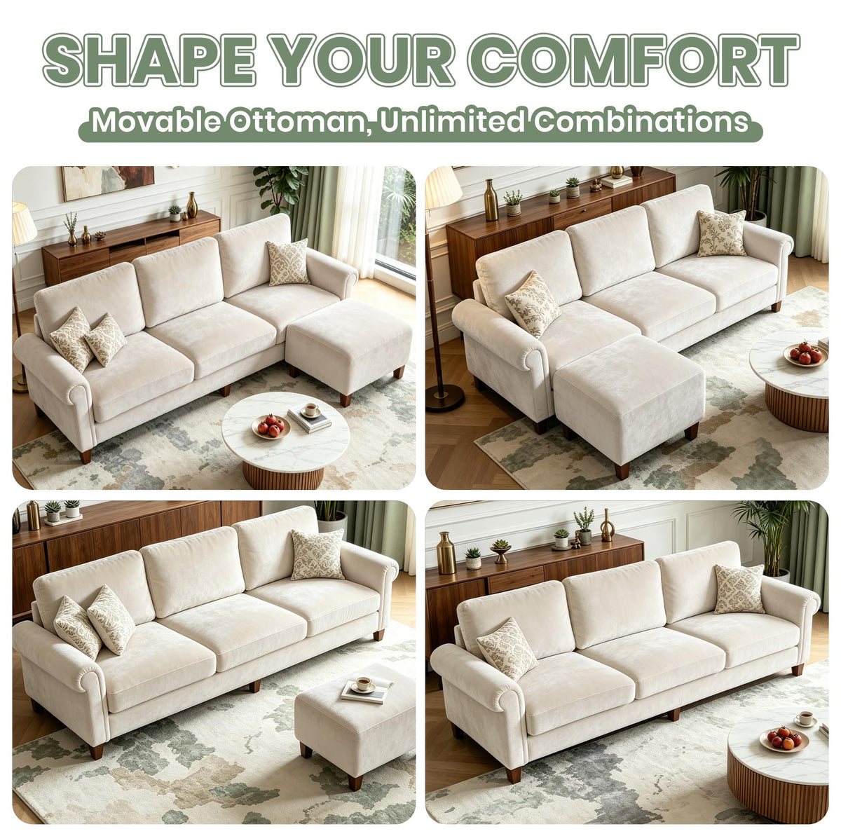 100" L-Shaped Velvet Sectional Sofa with Ottoman G563