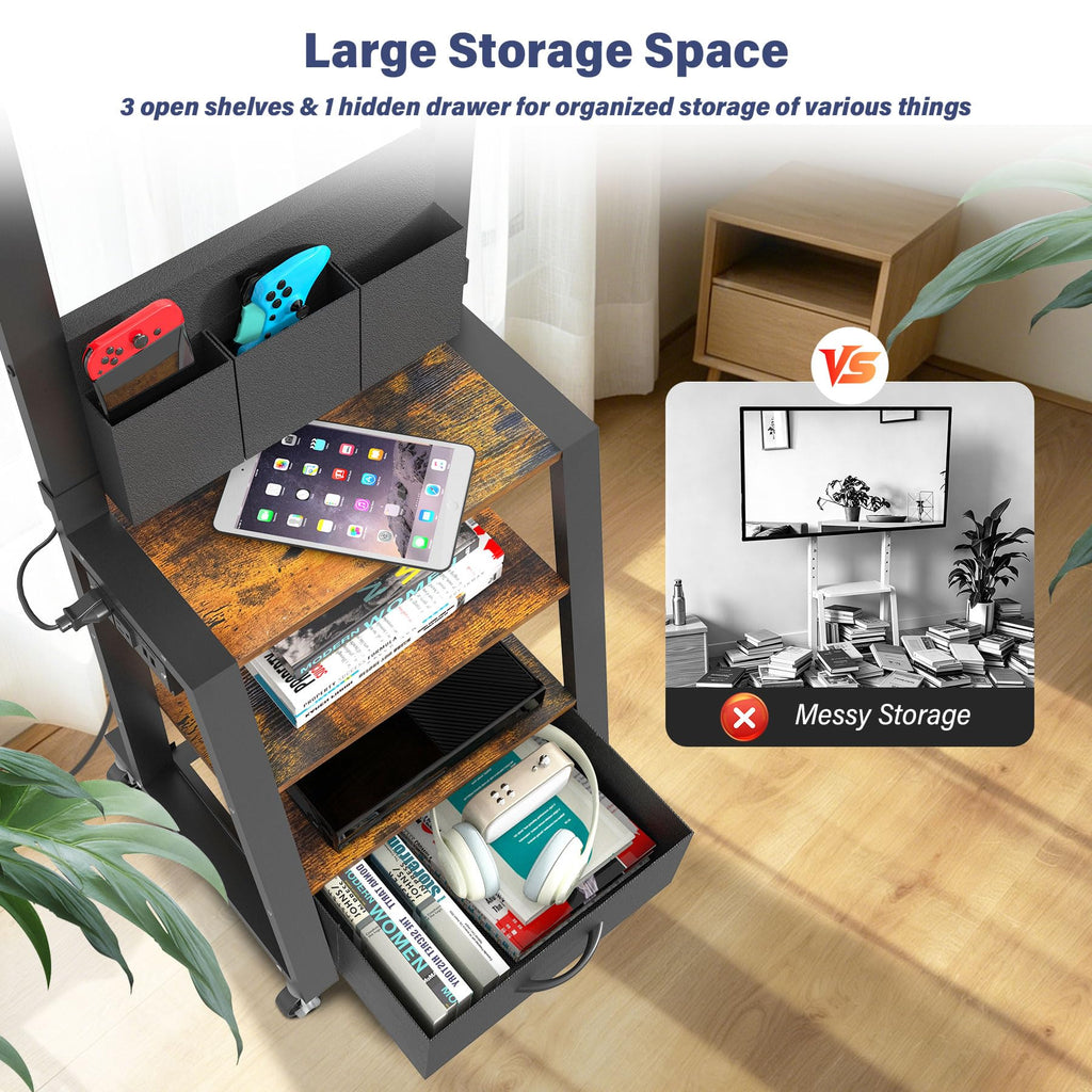 Rolling TV Stand with Power Outlet & 4-Tier Storage for 23-60 Inch Flat/Curved Screen T925