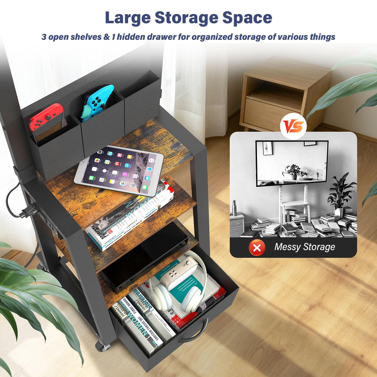 Rolling TV Stand with Power Outlet & 4-Tier Storage for 23-60 Inch Flat/Curved Screen T925