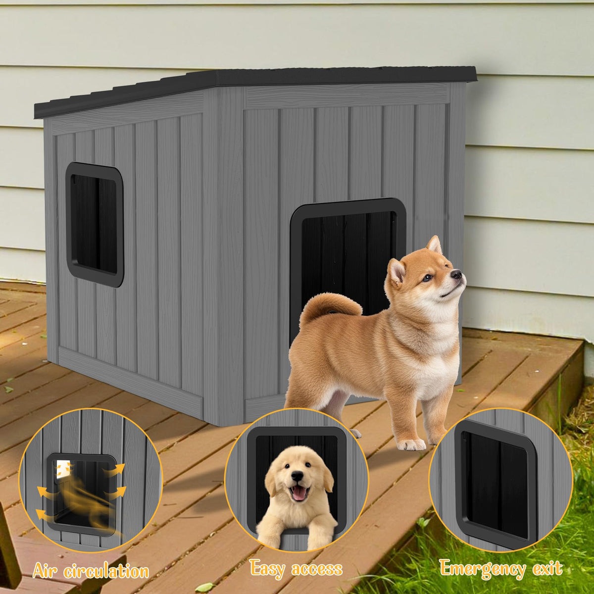 Weatherproof PP Plastic Dog House with Sloped Roof W732870
