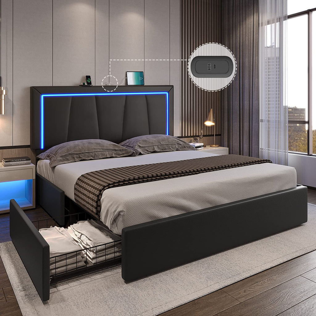 Full Size Upholstered Platform Bed Frame with Headboard and 4 Storage Drawers A5817