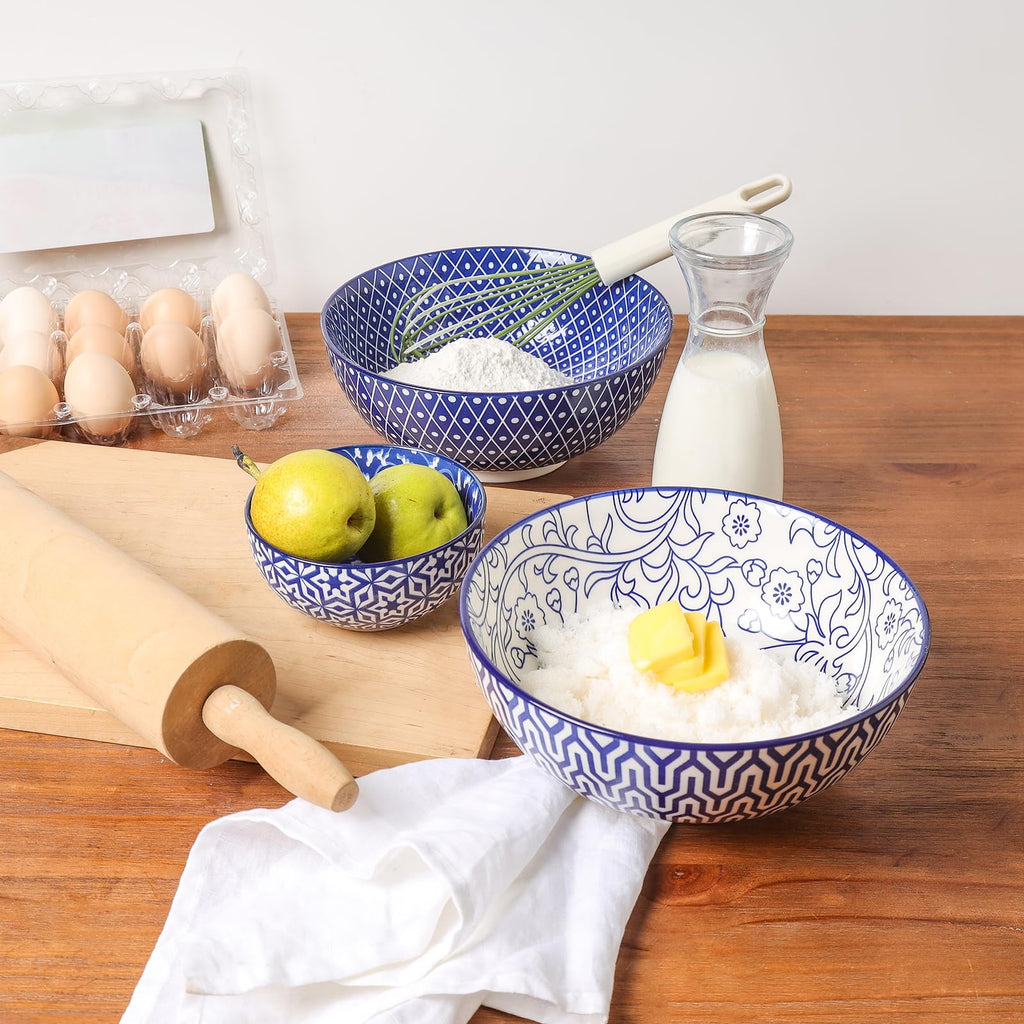 Ceramic 53 OZ Salad Bowls Set, Set of 3, Vintage Blue A424