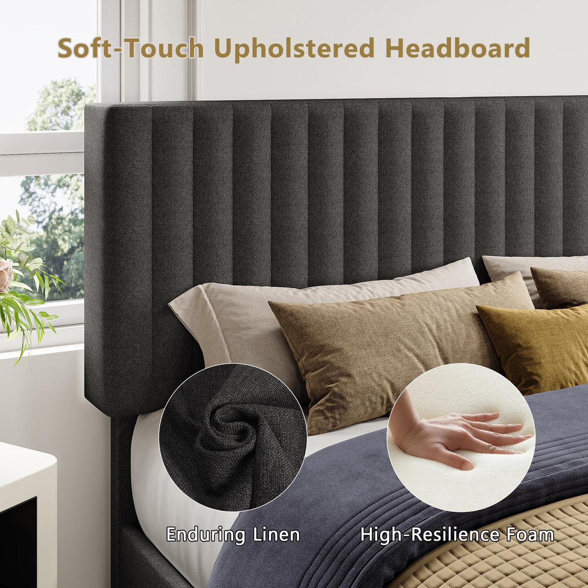 Queen Size Upholstered Platform Bed with Linen Headboard E12858