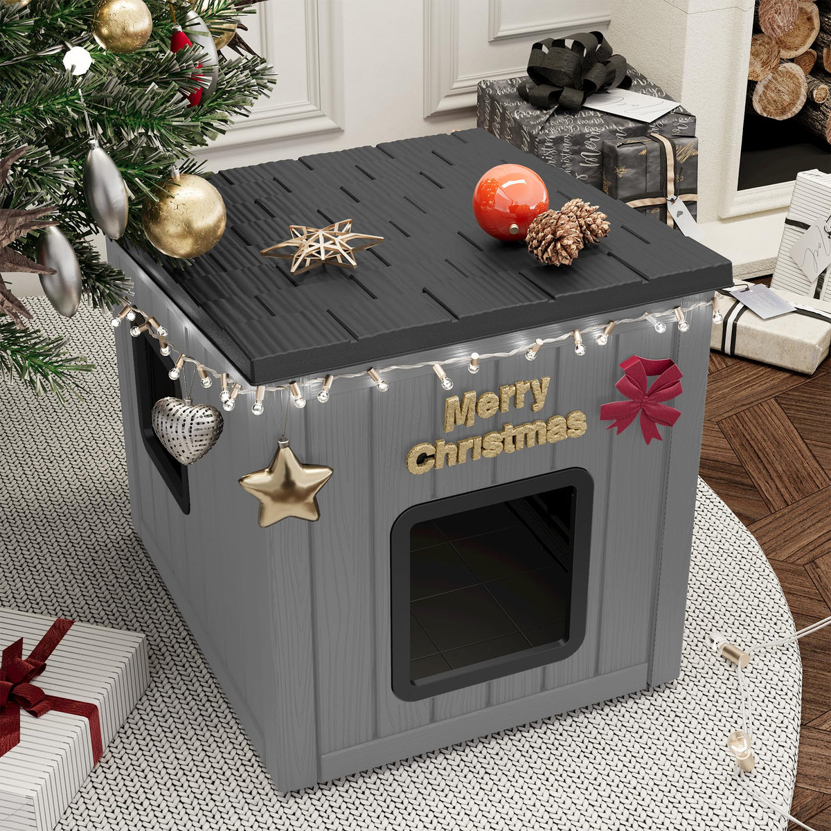 Weatherproof PP Plastic Dog House with Sloped Roof W732870
