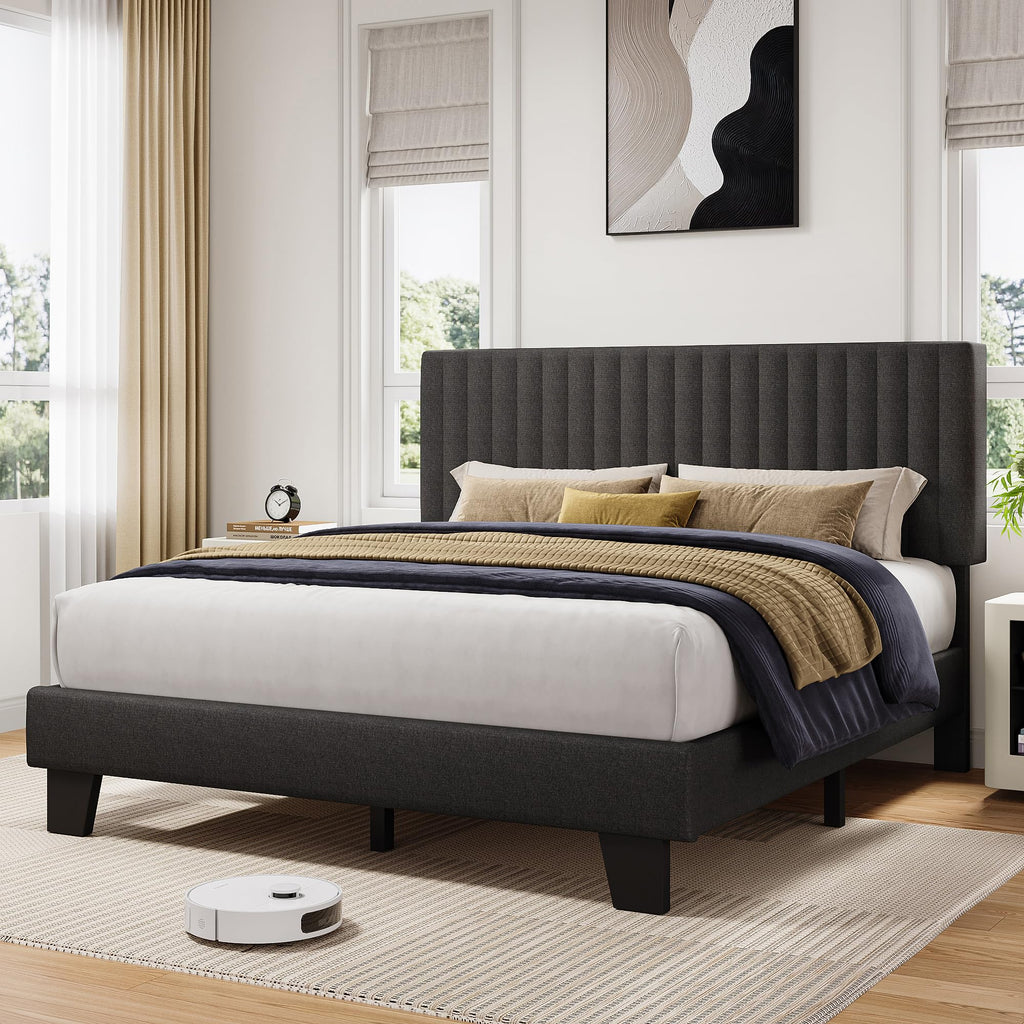 Queen Size Upholstered Platform Bed with Linen Headboard E12858